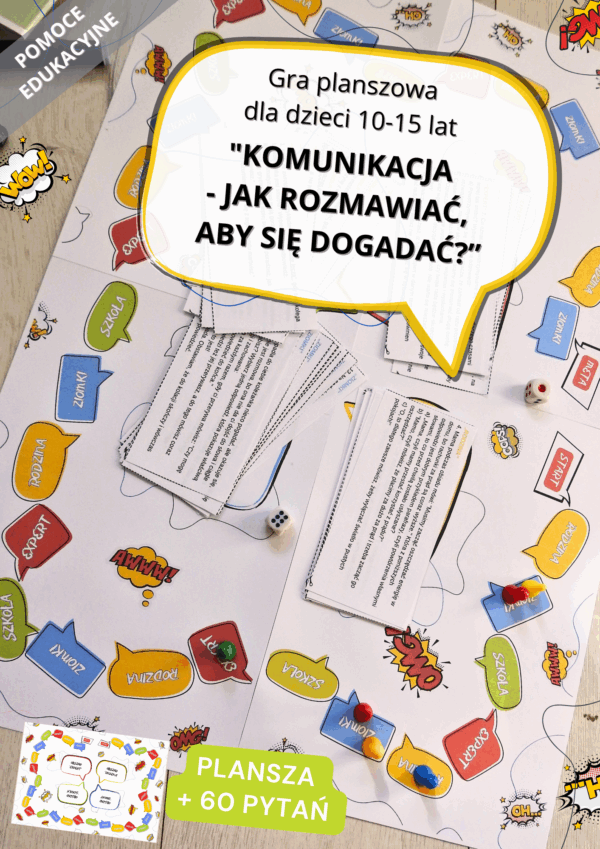 Gra planszowa „Komunikacja - jak rozmawiać, żeby się dogadać?" dla 10–15 latków. Pomoc edukacyjna do druku e-book