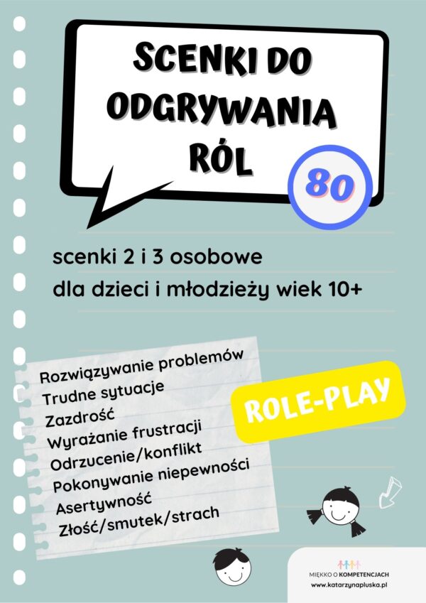Scenki do odgrywania ról. 80 role-play dla dzieci i młodzieży w wieku 10+. E-book. Pomoc edukacyjna do druku